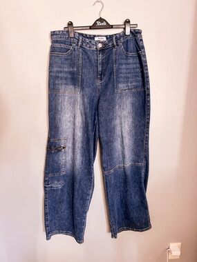 Arula Wide Leg Utility Cargo Jeans Patch Pocket Denim | Size 16